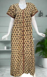 Cream/Green Leafy Full Open Pure Cotton Nighty. Pure Cotton | Laces and Frills