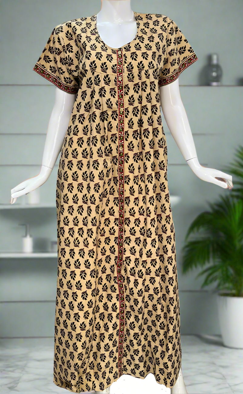 Cream/Green Leafy Full Open Pure Cotton Nighty. Pure Cotton | Laces and Frills