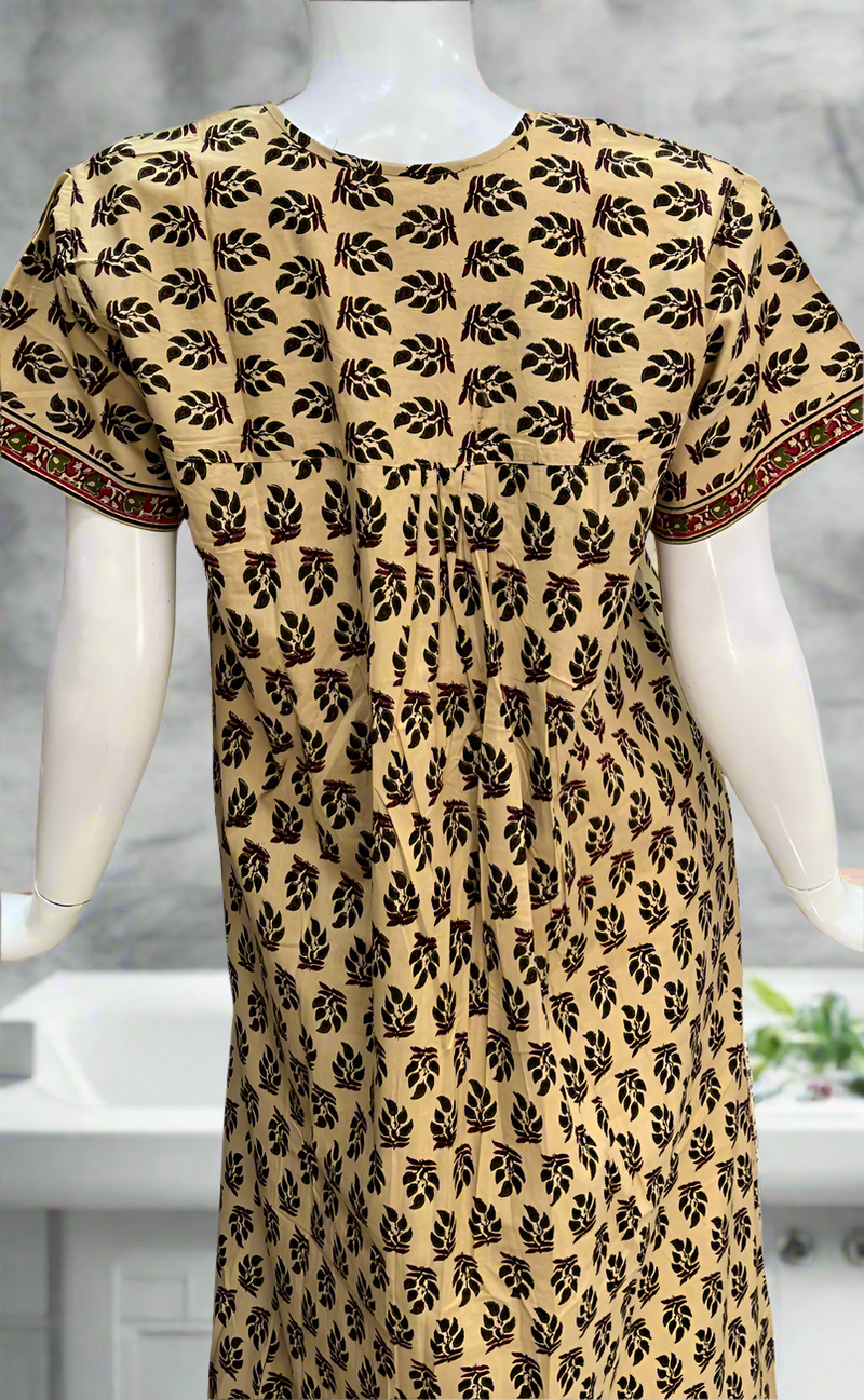 Cream/Green Leafy Full Open Pure Cotton Nighty. Pure Cotton | Laces and Frills