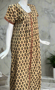 Cream/Green Leafy Full Open Pure Cotton Nighty. Pure Cotton | Laces and Frills