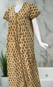 Cream/Green Leafy Full Open Pure Cotton Nighty. Pure Cotton | Laces and Frills