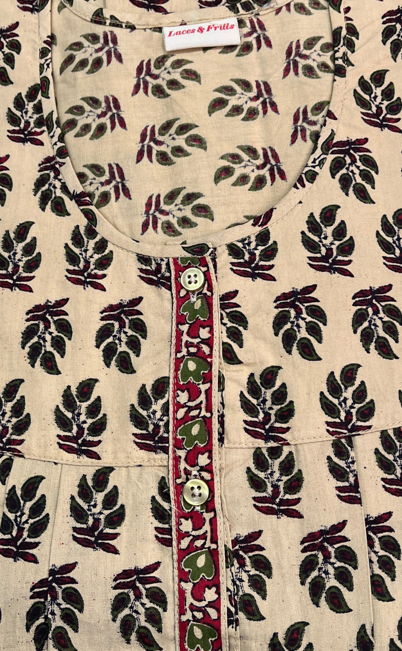 Cream/Green Leafy Full Open Pure Cotton Nighty. Pure Cotton | Laces and Frills