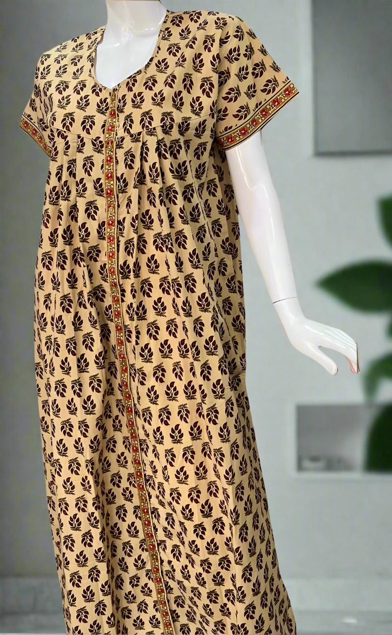 Cream/Maroon Leafy Full Open Pure Cotton Nighty. Pure Cotton | Laces and Frills