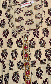 Cream/Maroon Leafy Full Open Pure Cotton Nighty. Pure Cotton | Laces and Frills