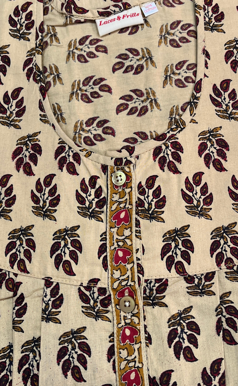 Cream/Maroon Leafy Full Open Pure Cotton Nighty. Pure Cotton | Laces and Frills