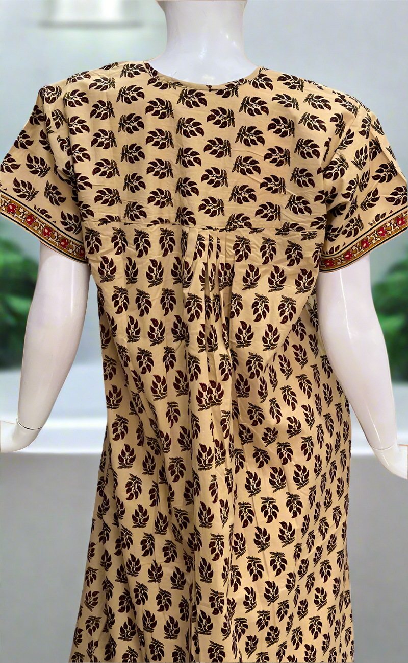 Cream/Maroon Leafy Full Open Pure Cotton Nighty. Pure Cotton | Laces and Frills