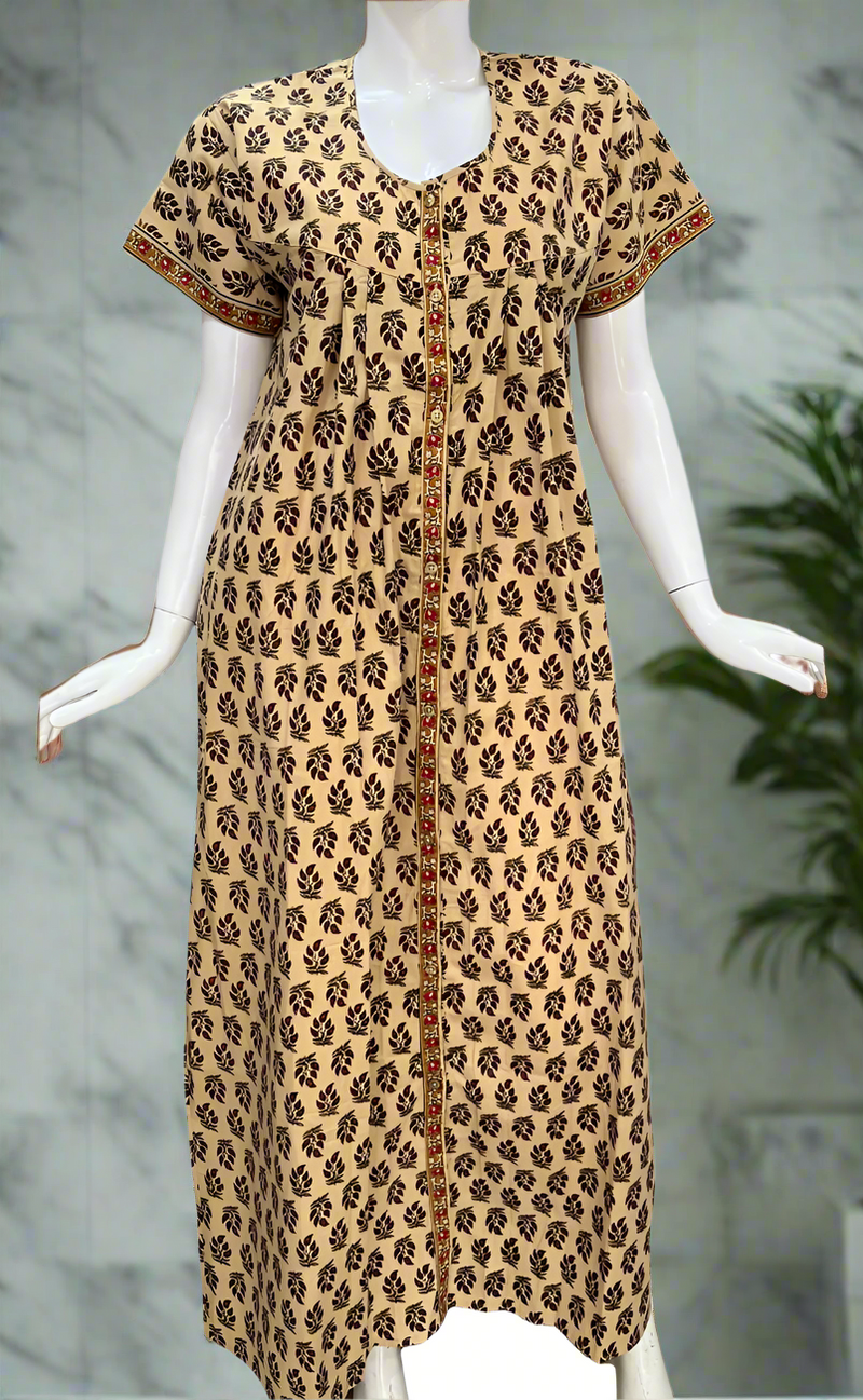 Cream/Maroon Leafy Full Open Pure Cotton Nighty. Pure Cotton | Laces and Frills