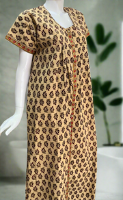 Cream/Maroon Leafy Full Open Pure Cotton Nighty. Pure Cotton | Laces and Frills