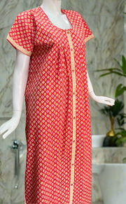 Peach/Red Tiny Floral Full Open Pure Cotton Nighty. Pure Cotton | Laces and Frills