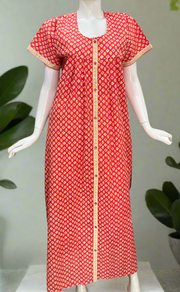 Peach/Red Tiny Floral Full Open Pure Cotton Nighty. Pure Cotton | Laces and Frills