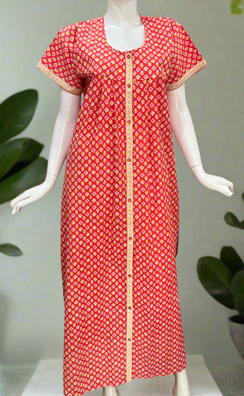 Peach/Red Tiny Floral Full Open Pure Cotton Nighty. Pure Cotton | Laces and Frills