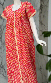 Peach/Red Tiny Floral Full Open Pure Cotton Nighty. Pure Cotton | Laces and Frills