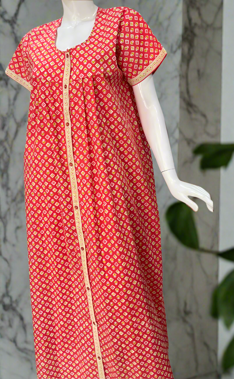 Peach/Red Tiny Floral Full Open Pure Cotton Nighty. Pure Cotton | Laces and Frills