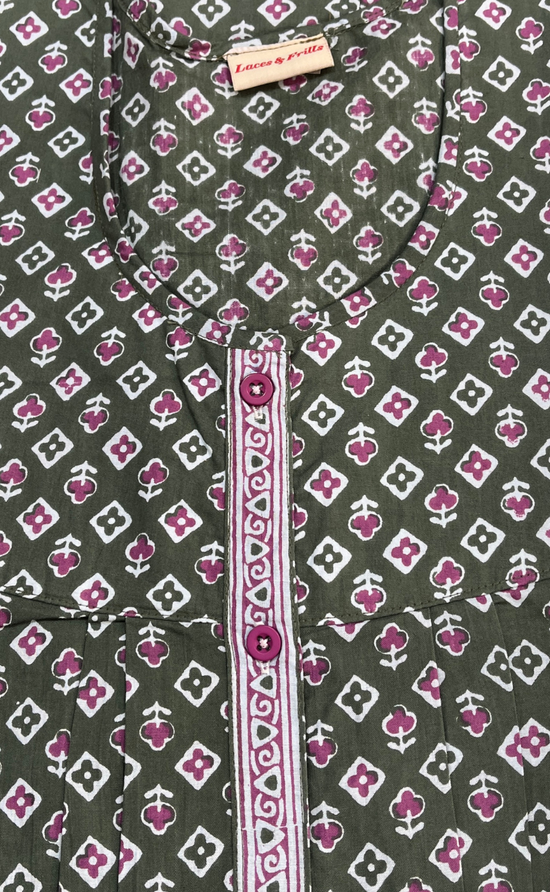 Light Green Tiny Floral Full Open Pure Cotton Nighty. Pure Cotton | Laces and Frills