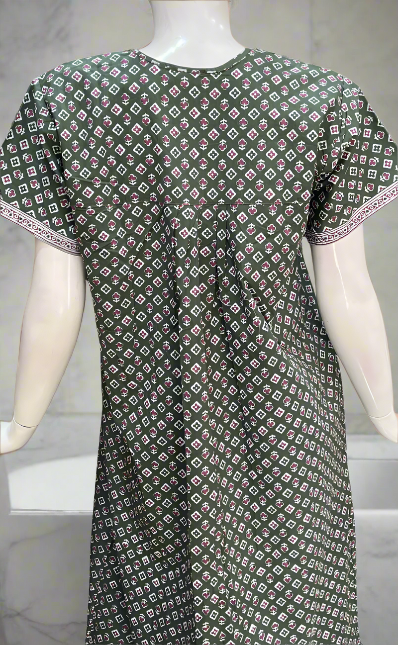 Light Green Tiny Floral Full Open Pure Cotton Nighty. Pure Cotton | Laces and Frills