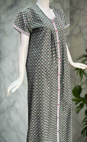 Light Green Tiny Floral Full Open Pure Cotton Nighty. Pure Cotton | Laces and Frills