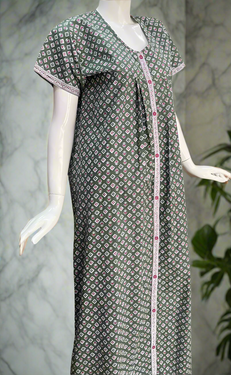 Light Green Tiny Floral Full Open Pure Cotton Nighty. Pure Cotton | Laces and Frills