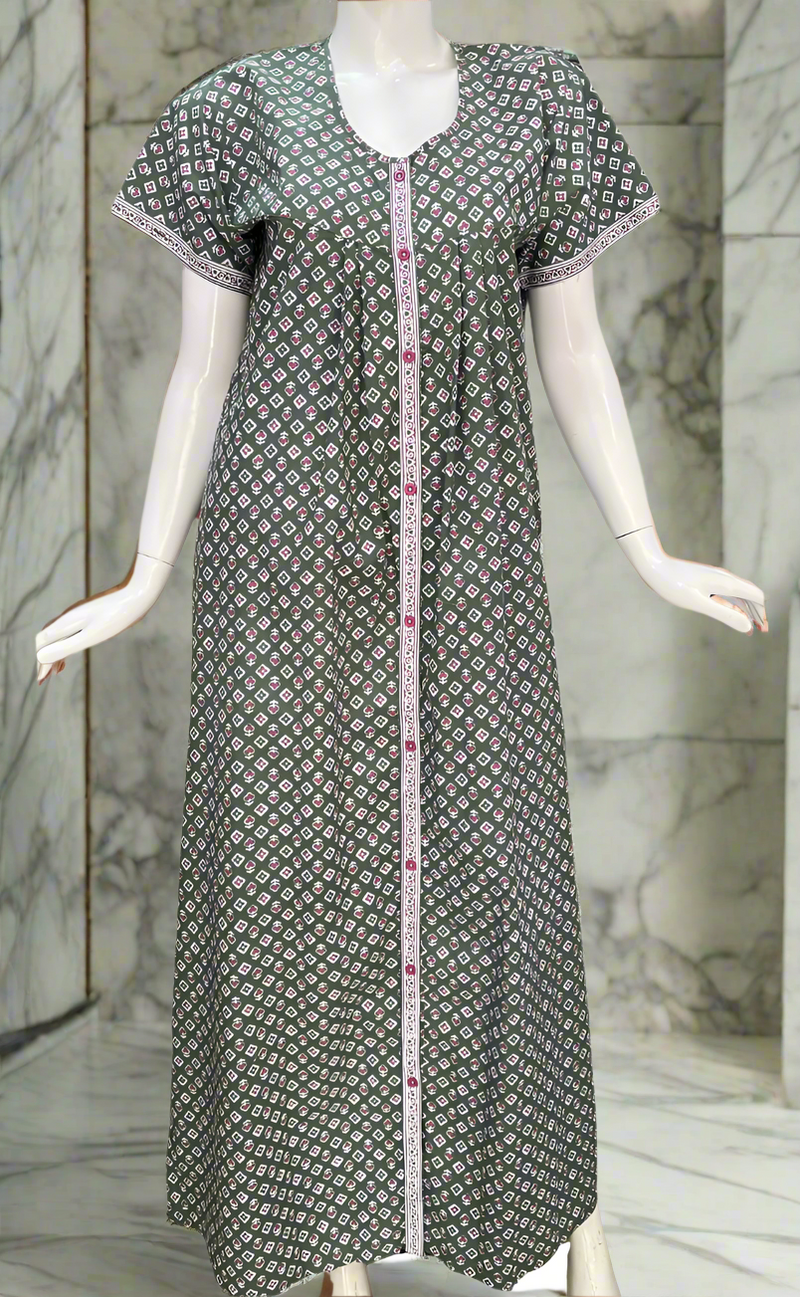 Light Green Tiny Floral Full Open Pure Cotton Nighty. Pure Cotton | Laces and Frills