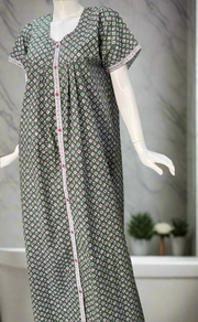 Light Green Tiny Floral Full Open Pure Cotton Nighty. Pure Cotton | Laces and Frills