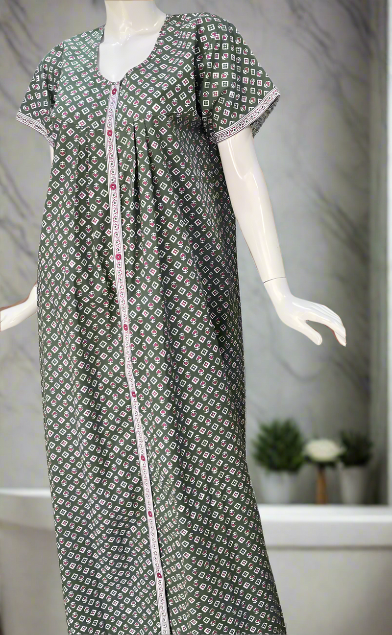Light Green Tiny Floral Full Open Pure Cotton Nighty. Pure Cotton | Laces and Frills