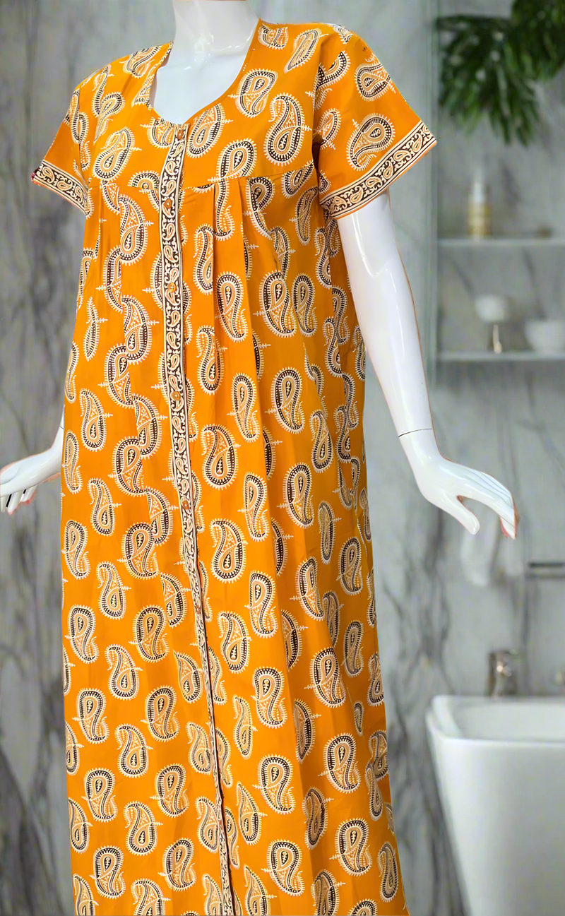 Yellow Paisley Print Full Open Pure Cotton Nighty. Pure Cotton | Laces and Frills
