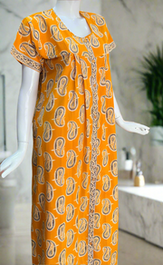 Yellow Paisley Print Full Open Pure Cotton Nighty. Pure Cotton | Laces and Frills