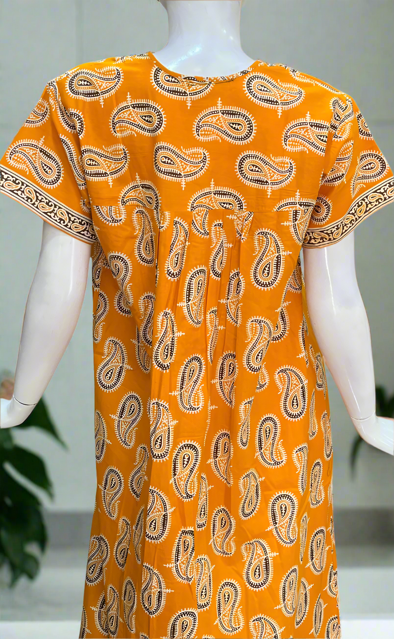 Yellow Paisley Print Full Open Pure Cotton Nighty. Pure Cotton | Laces and Frills