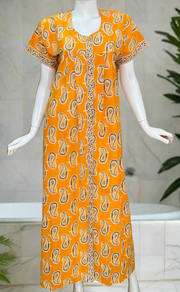 Yellow Paisley Print Full Open Pure Cotton Nighty. Pure Cotton | Laces and Frills