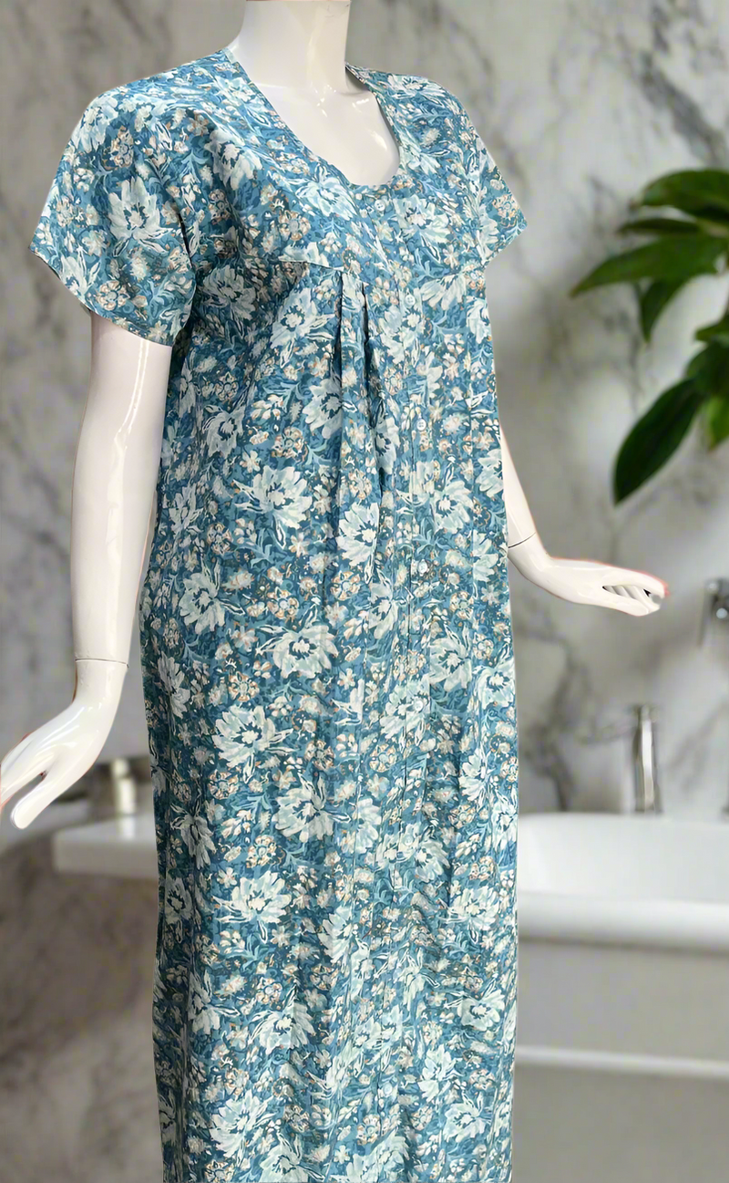 Light Blue Garden Full Open Pure Cotton Nighty. Pure Cotton | Laces and Frills