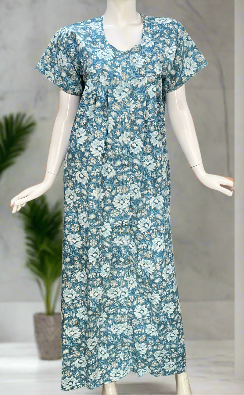 Light Blue Garden Full Open Pure Cotton Nighty. Pure Cotton | Laces and Frills