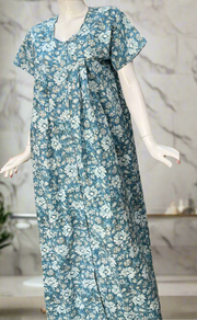 Light Blue Garden Full Open Pure Cotton Nighty. Pure Cotton | Laces and Frills