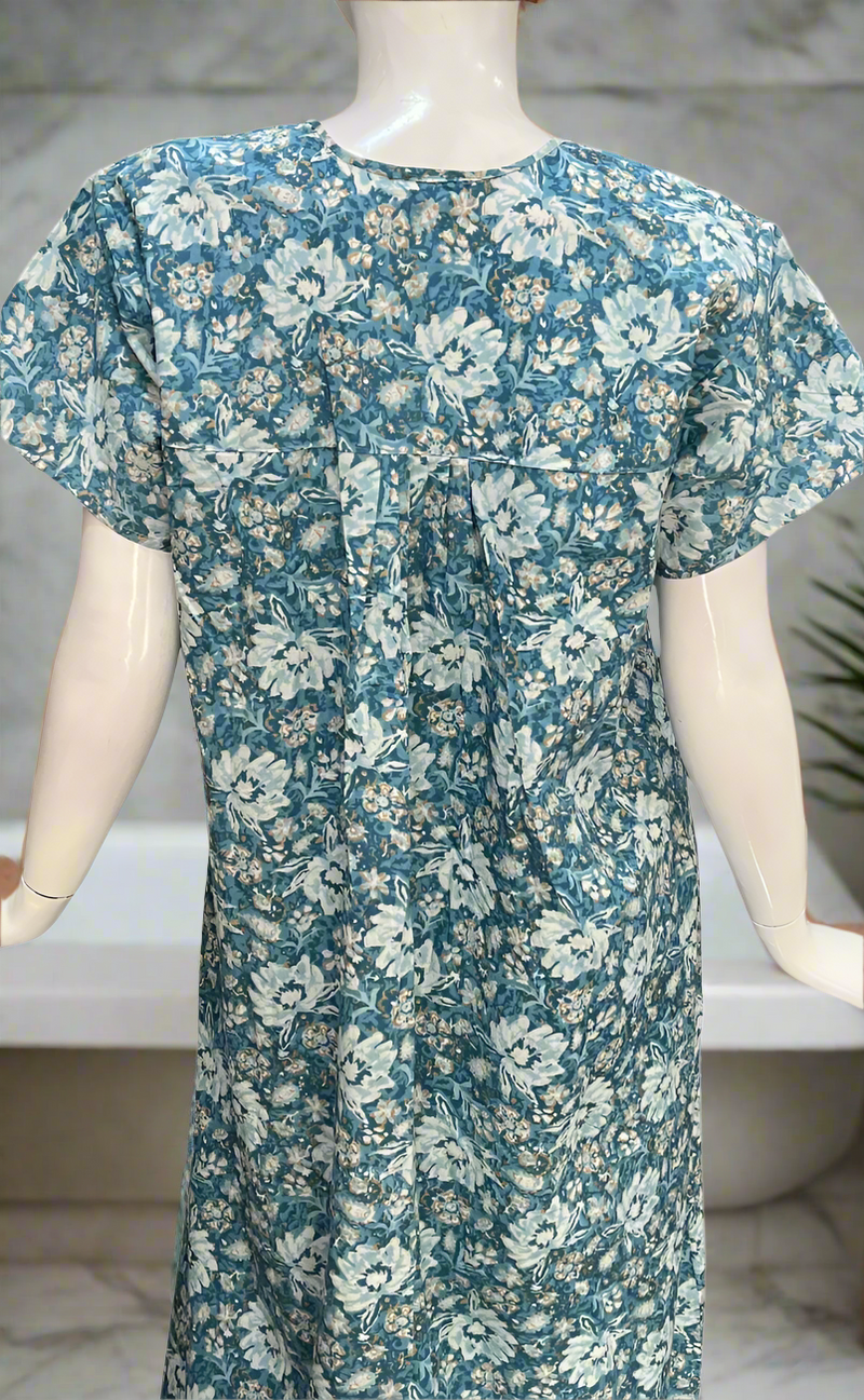 Light Blue Garden Full Open Pure Cotton Nighty. Pure Cotton | Laces and Frills