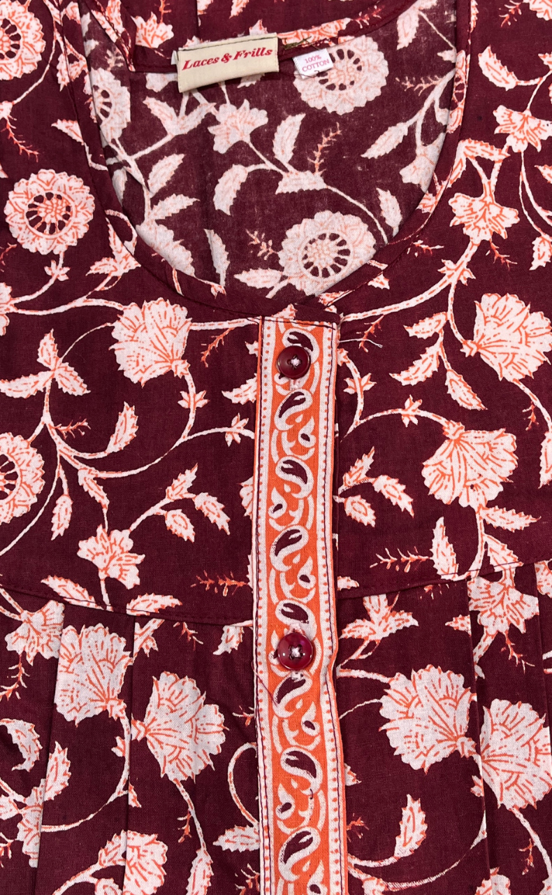 Maroon Garden Full Open Pure Cotton Nighty. Pure Cotton | Laces and Frills