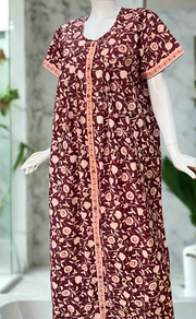 Maroon Garden Full Open Pure Cotton Nighty. Pure Cotton | Laces and Frills