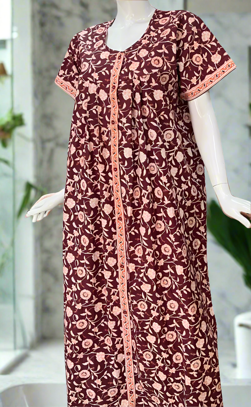 Maroon Garden Full Open Pure Cotton Nighty. Pure Cotton | Laces and Frills