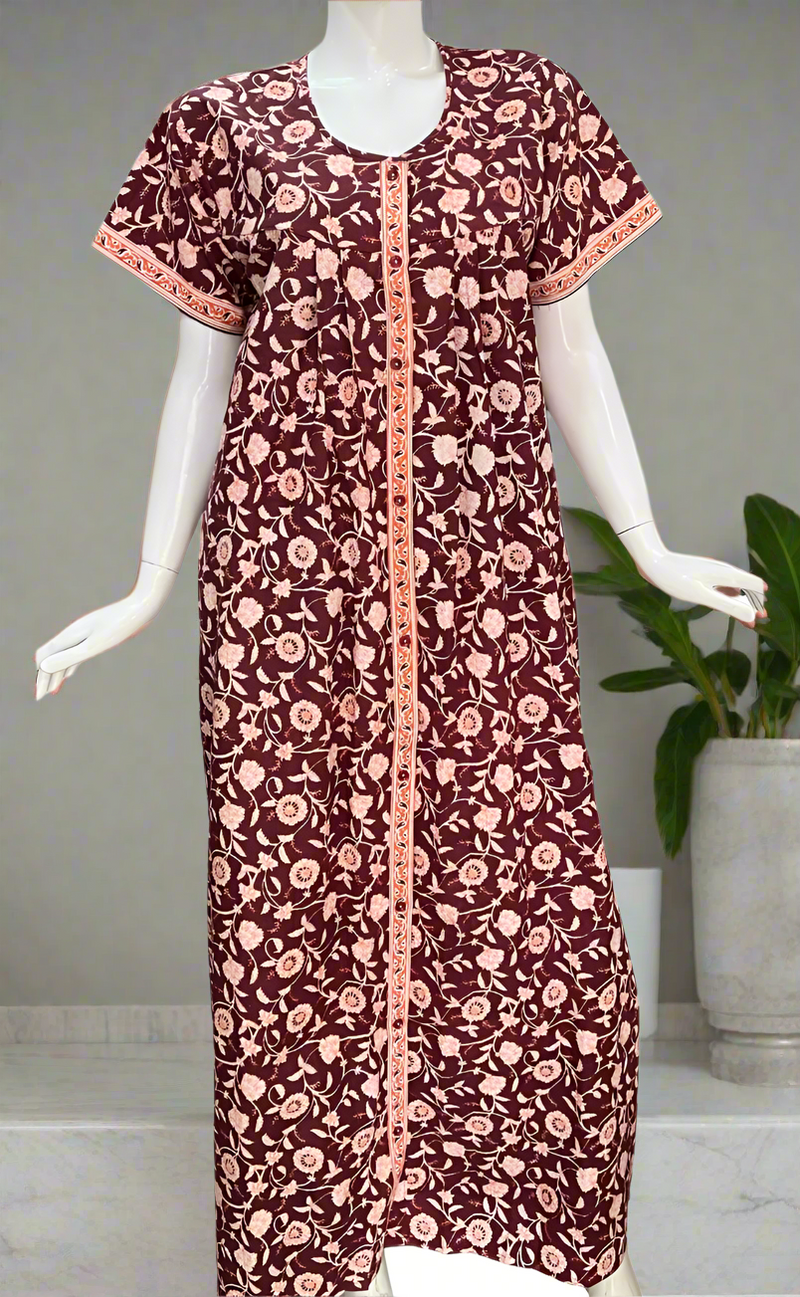 Maroon Garden Full Open Pure Cotton Nighty. Pure Cotton | Laces and Frills