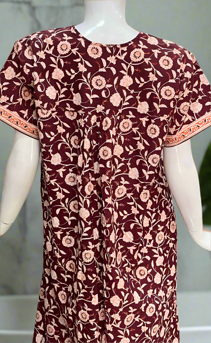 Maroon Garden Full Open Pure Cotton Nighty. Pure Cotton | Laces and Frills