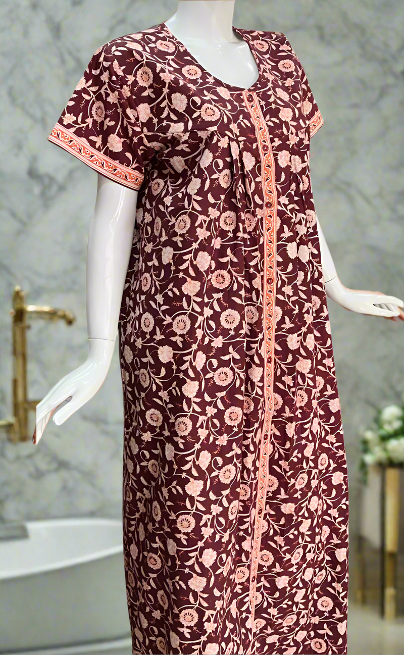 Maroon Garden Full Open Pure Cotton Nighty. Pure Cotton | Laces and Frills