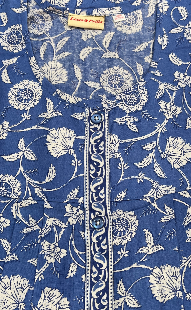 Blue Garden Full Open Pure Cotton Nighty. Pure Cotton | Laces and Frills