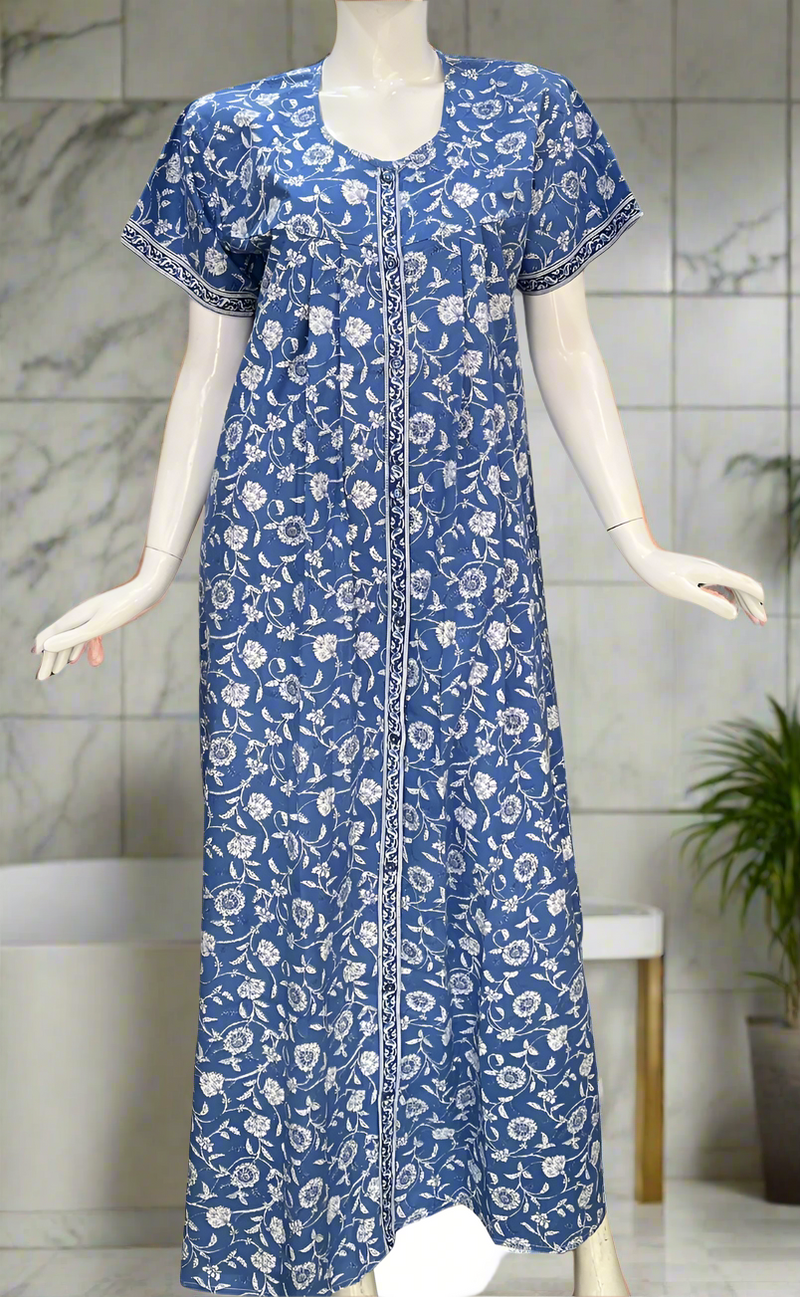 Blue Garden Full Open Pure Cotton Nighty. Pure Cotton | Laces and Frills
