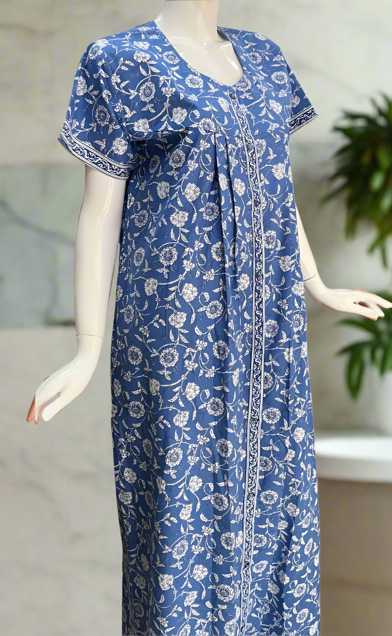 Blue Garden Full Open Pure Cotton Nighty. Pure Cotton | Laces and Frills