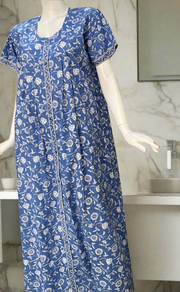Blue Garden Full Open Pure Cotton Nighty. Pure Cotton | Laces and Frills