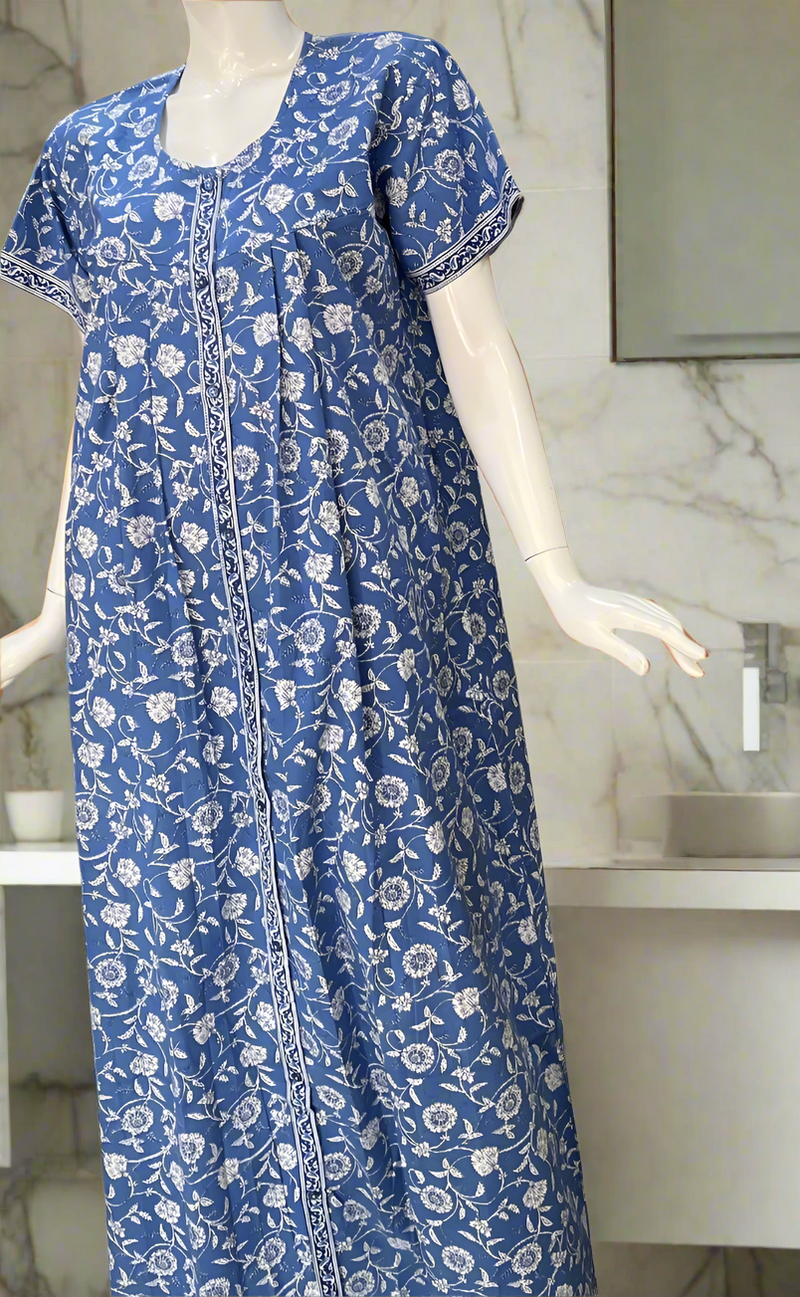 Blue Garden Full Open Pure Cotton Nighty. Pure Cotton | Laces and Frills