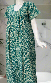 Sea Green Garden Full Open Pure Cotton Nighty. Pure Cotton | Laces and Frills