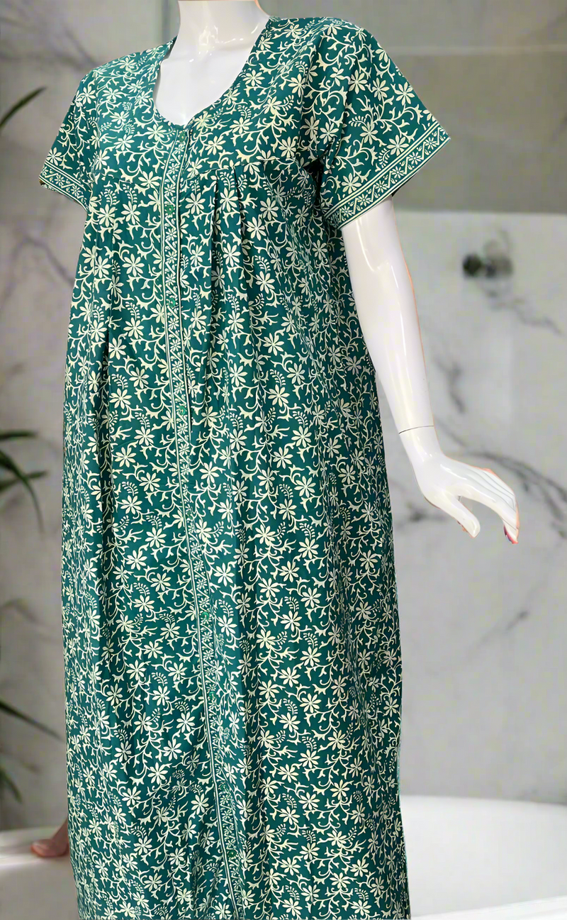 Sea Green Garden Full Open Pure Cotton Nighty. Pure Cotton | Laces and Frills