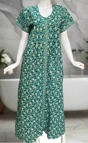 Sea Green Garden Full Open Pure Cotton Nighty. Pure Cotton | Laces and Frills