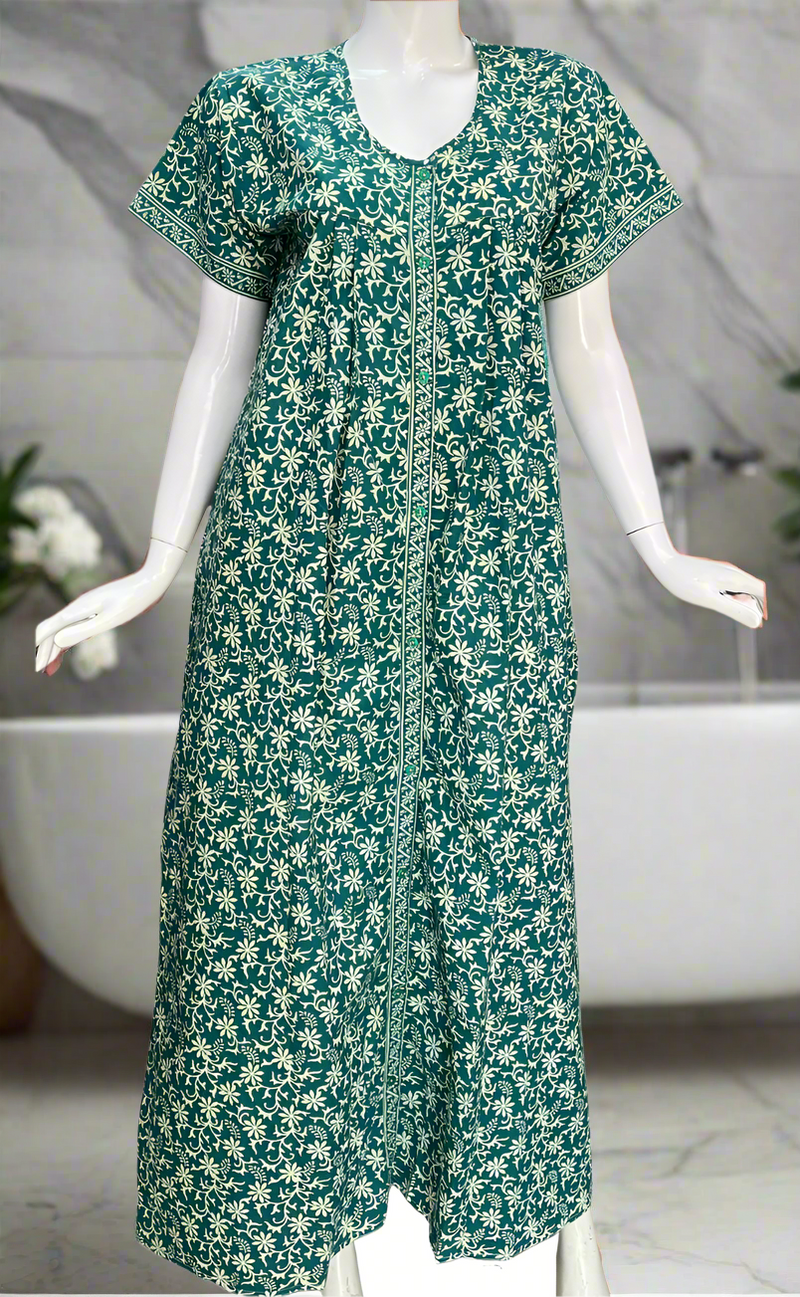 Sea Green Garden Full Open Pure Cotton Nighty. Pure Cotton | Laces and Frills