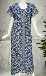 Blue Garden Full Open Pure Cotton Nighty. Pure Cotton | Laces and Frills