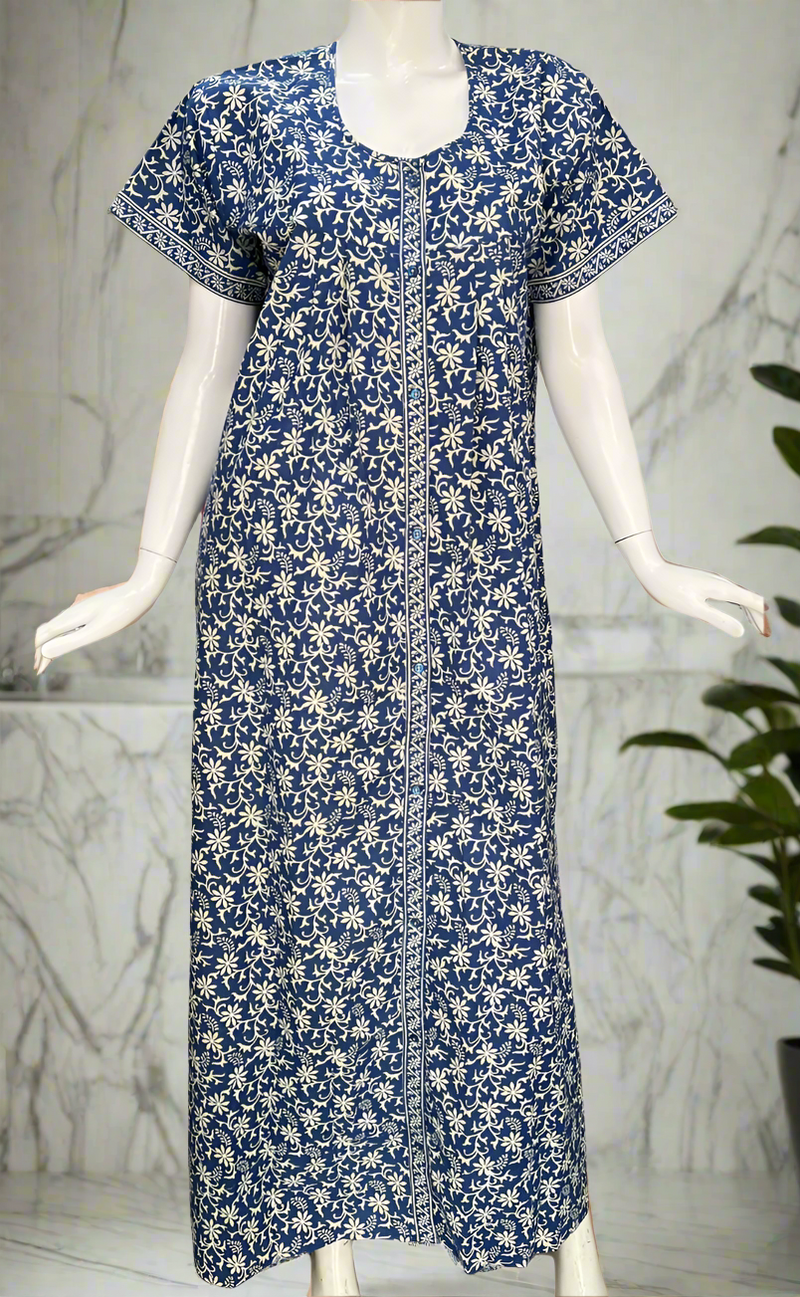 Blue Garden Full Open Pure Cotton Nighty. Pure Cotton | Laces and Frills