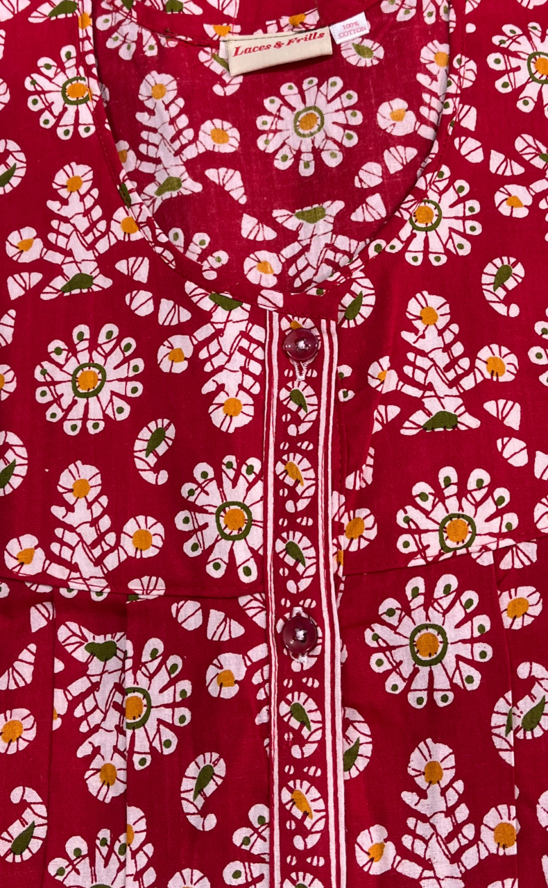 Red Floral Full Open Pure Cotton Nighty. Pure Cotton | Laces and Frills